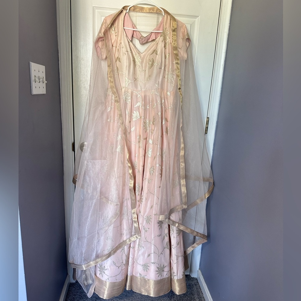 Light pink gown with shwal and waist belt